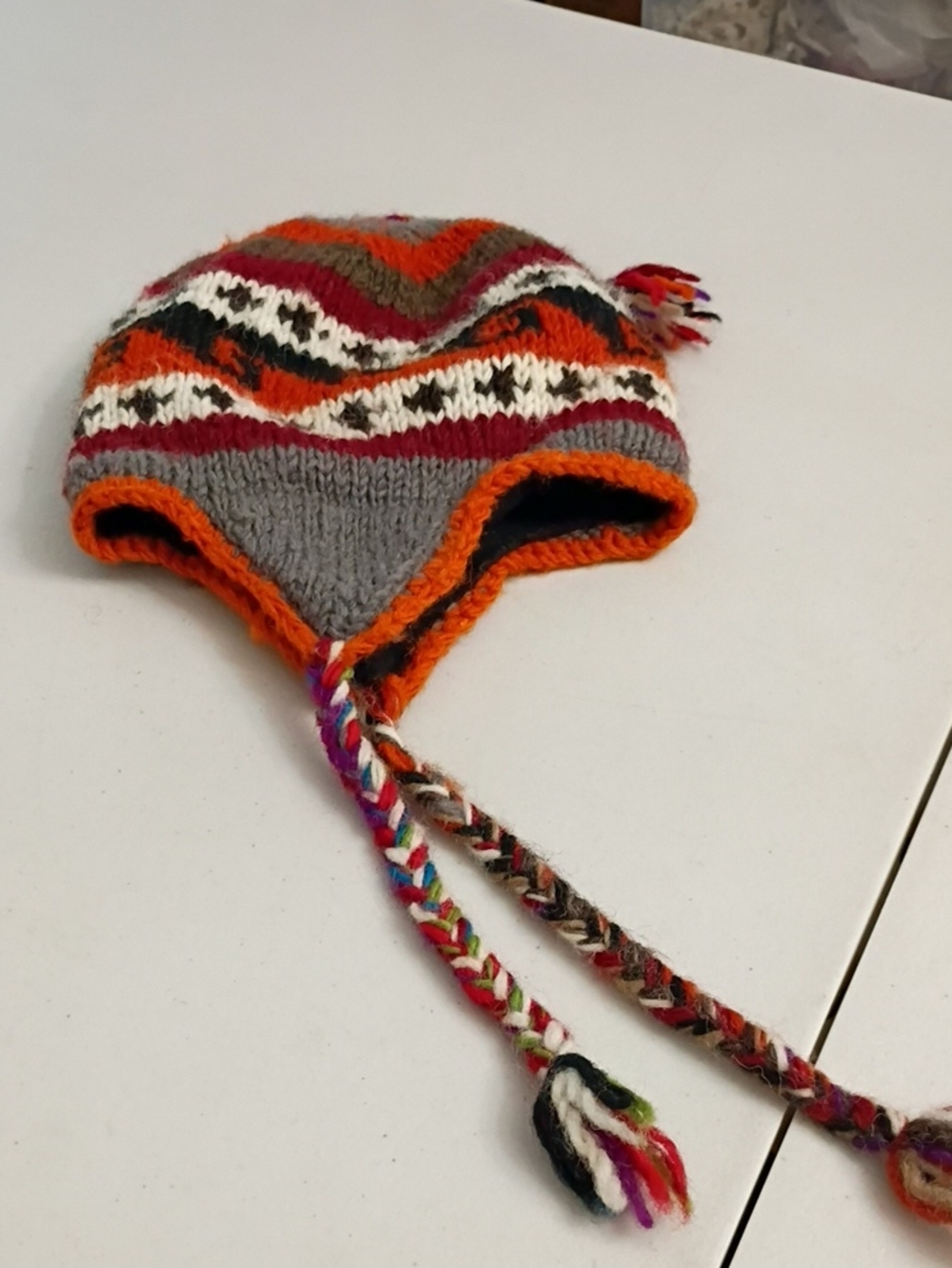 Kids Knit Earflap Hat with Braided Tassels — Gray & Orange